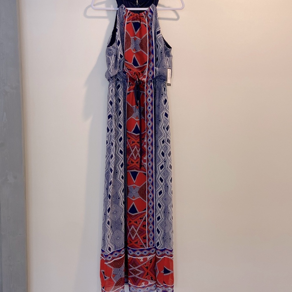 Nine West Navy Multi Lined Sleeveless Long Dress with 1 Side Slit sz.8 NWT